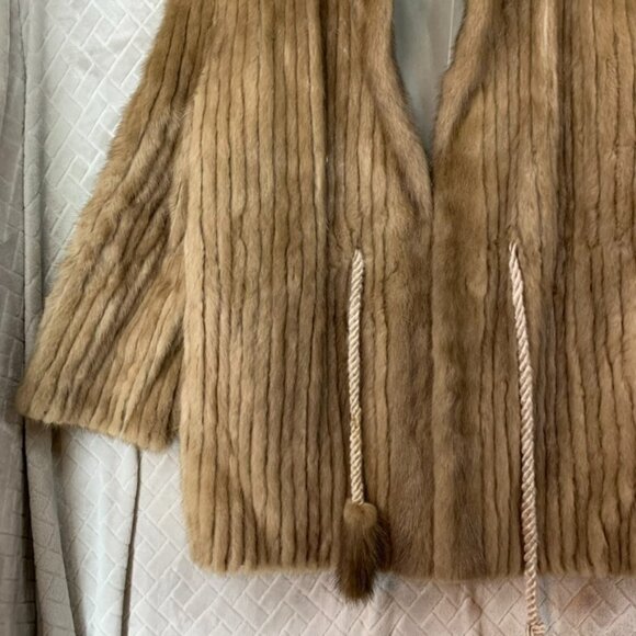 Womens L Mink Fur Coat Brown With Tassel Belt Ribbed Corded Short Length - Picture 3 of 16